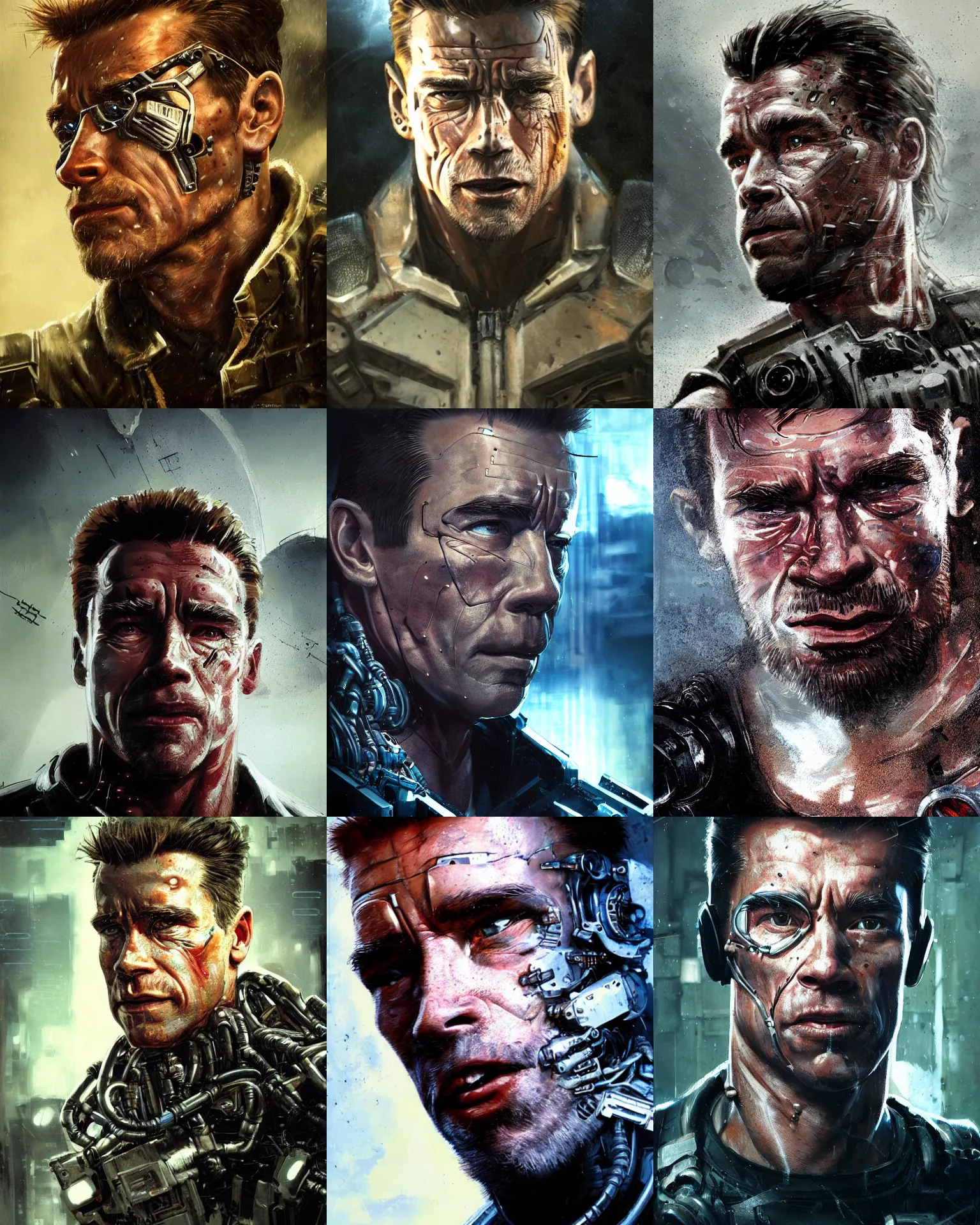 Prompt: a rugged engineer schwarzenegger with cybernetic enhancements fighting against the young john connor, terminator t 8 0 0, scifi character portrait by greg rutkowski, esuthio, craig mullins, 1 / 4 headshot, cinematic lighting, dystopian scifi gear, gloomy, profile picture, mechanical, half robot, implants, steampunk