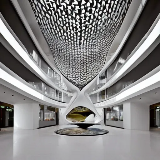 Image similar to extremely detailed ornate stunning beautiful elegant futuristic museum lobby interior by Zaha Hadid