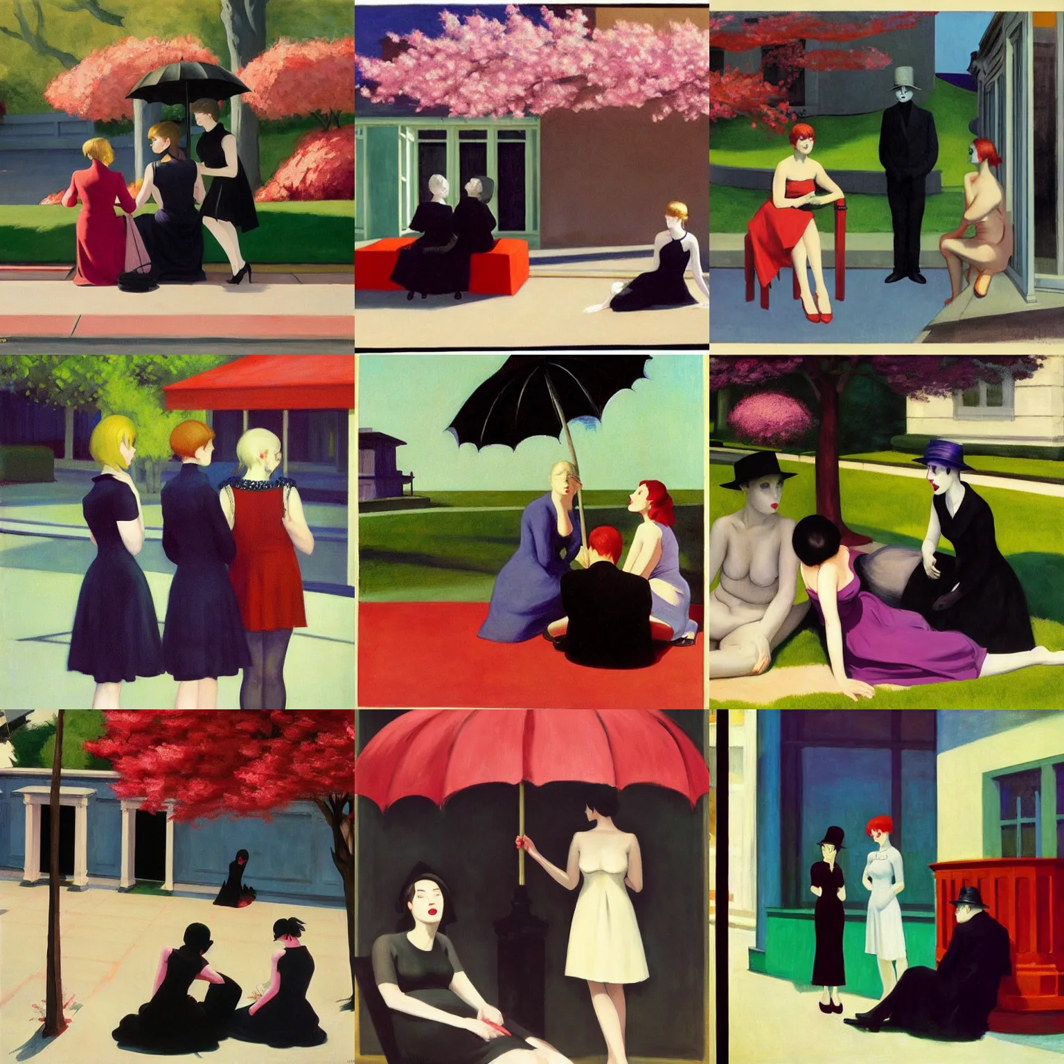 Prompt: art by edward hopper three goths loitering in the shade, talking beneath a cherry blossom outside a blockbuster store.