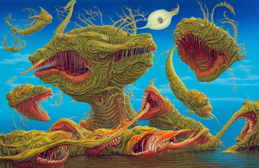 Image similar to a visionary painting of fish eating human beings by junji ito, michael whelan, roger dean, bob eggleton, lisa frank, vladimir kush, kubrick, james gurney, giger