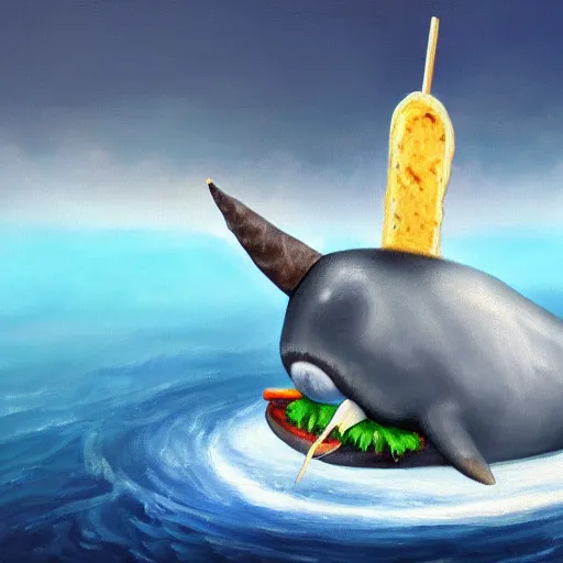 Prompt: a painting of a narwhal with a sandwich impaled on it's horn, trending on artstation, 8 k, unreal engine