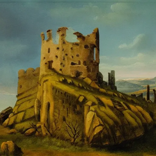 Image similar to a painting of a ruined castle, in the style of caspar david friedrich