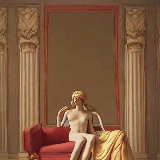 Image similar to a goddess in a liminal room, film still by wes anderson, depicted by canova, limited color palette, very intricate, art nouveau, highly detailed, lights by hopper, soft pastel colors, minimalist