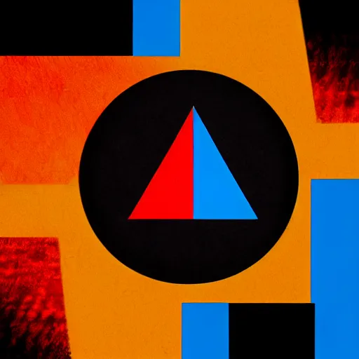 Prompt: a red, yellow and blue logo on a black background, digital art by kamal ud - din behzad, cg society, symbolism, apocalypse art, angular, 3 d