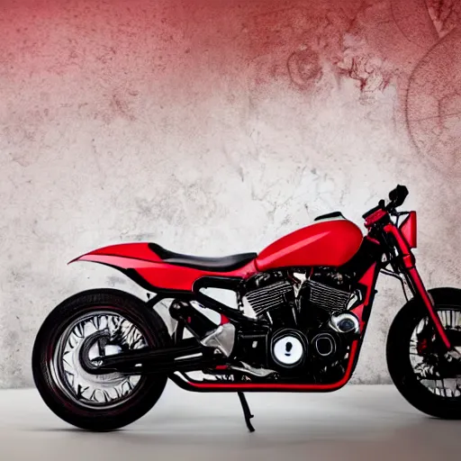 Prompt: a fantasy red glossy modern motorbike with jet engine, exposing internal engine, wide angle lens, photo studio hard light,photostock, istock