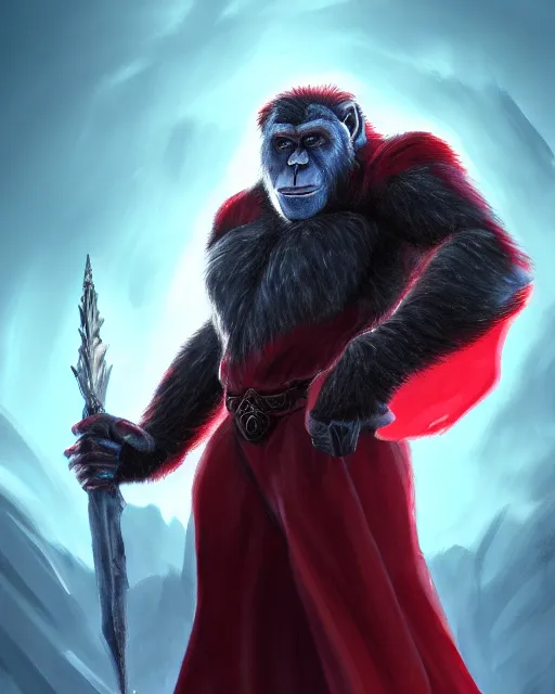 Image similar to fury art, an anthro ape wearing a large cape and a fantasy armor, ice, fiery background, 3 d, 8 k, extremely detailed, trending on furaffinity, trending on artstation, award winning, sharp focus, illustration