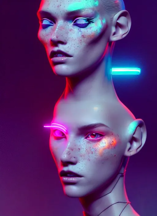 Prompt: sensual caucasian female humanoid with freckles, by loish, d & d, fantasy, cyber neon lighting, futurism, intricate futuristic jewelry accessories, cyberpunk high fashion, profile posing, hyper photorealistic, digital photography, artstation, pinterest, concept art, art by pascal blanche and greg rutkowski,