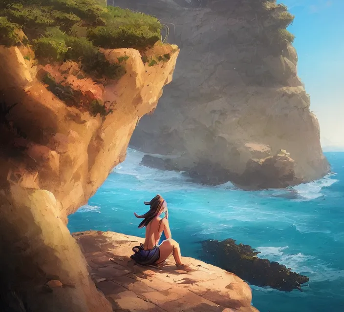 Prompt: a girl sitting on a cliffside overlooking the beach, blue waters, ripples, waves, reflections, details, sharp focus, illustration, by Jordan Grimmer and greg rutkowski, Trending artstation, pixiv, digital art