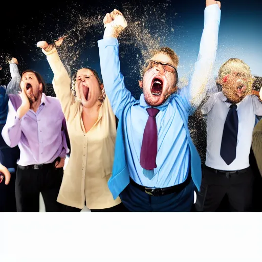 Image similar to cool business people throwing computers, screaming yelling, smashing things. high resolution color magazine candid photograph.