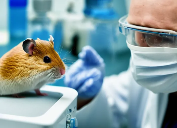 Image similar to film still of a hamster working in a research lab finding the cure for cancer, 8 k