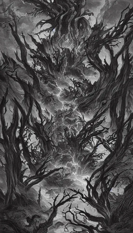 Prompt: a storm vortex made of many demonic eyes and teeth over a forest, by qian xuan
