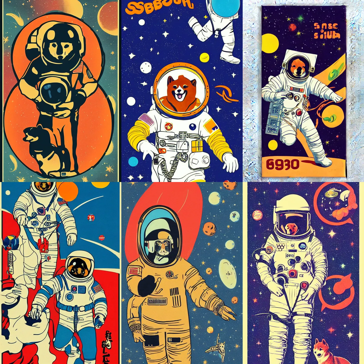 Prompt: cosmonaut, walking Shiba Inu in space , 60s poster, in the style of a music poster 1969