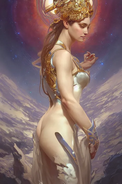 Prompt: epic portrait an space goddess, fantasy, elegant, intricate, full frontal shot, highly detailed, digital painting, artstation, concept art, sharp focus, illustration, art by artgerm and greg rutkowski and alphonse mucha