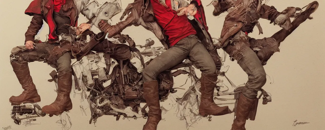 Prompt: character design, turnaround, uncropped, 40's adventurer, unshaven, optimistic, stained dirty clothing, straw hat, riding boots, red t-shirt, dusty brown bomber leather jacket, detailed, concept art, photorealistic, hyperdetailed, , art by Leyendecker and frazetta,