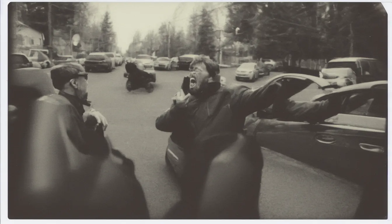 Prompt: polaroid picture of russian man yelling at stop sign, very detailed, 8 k