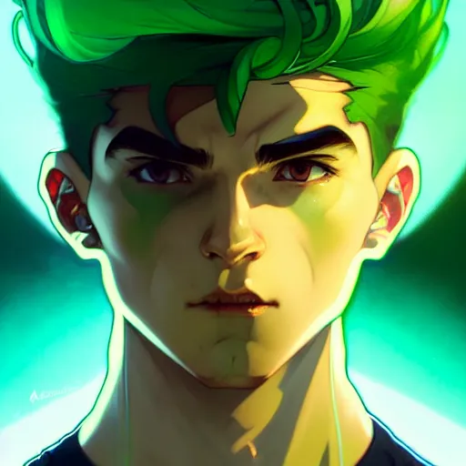 Prompt: a face portrait character design by artgerm, cushart krenz, greg rutkowski and alphonse mucha. young danny phantom!! glowing green eyes!! bold outline sharp edges. ultra clear detailed. 8 k. elegant, neon colors, symmetry, intricate complexity, epic composition, magical atmosphere, cinematic lighting masterpiece trending on artstation 8 k octane render.
