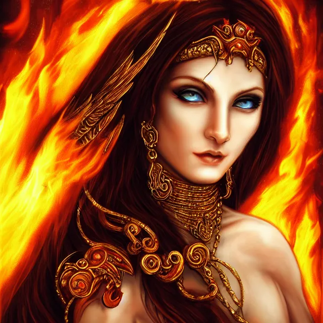 Image similar to perfectly centered close up portrait, goddess of fire, candid photography, by anne stokes, highly detailed, character concept