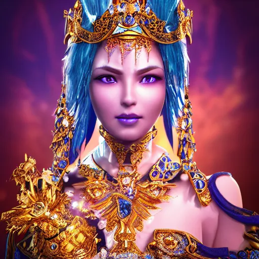 Prompt: photo of princess of sapphire with fair skin, she has her eyes closed, glowing, ornate and intricate blue jewelry, jaw dropping beauty, glowing background lighting, blue accent lighting, hyper detailed, award winning photography, 4 k octane render