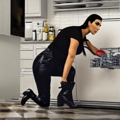 Prompt: kim kardashian fixing a dishwasher in a dirty kitchen, photorealist, ultra hd