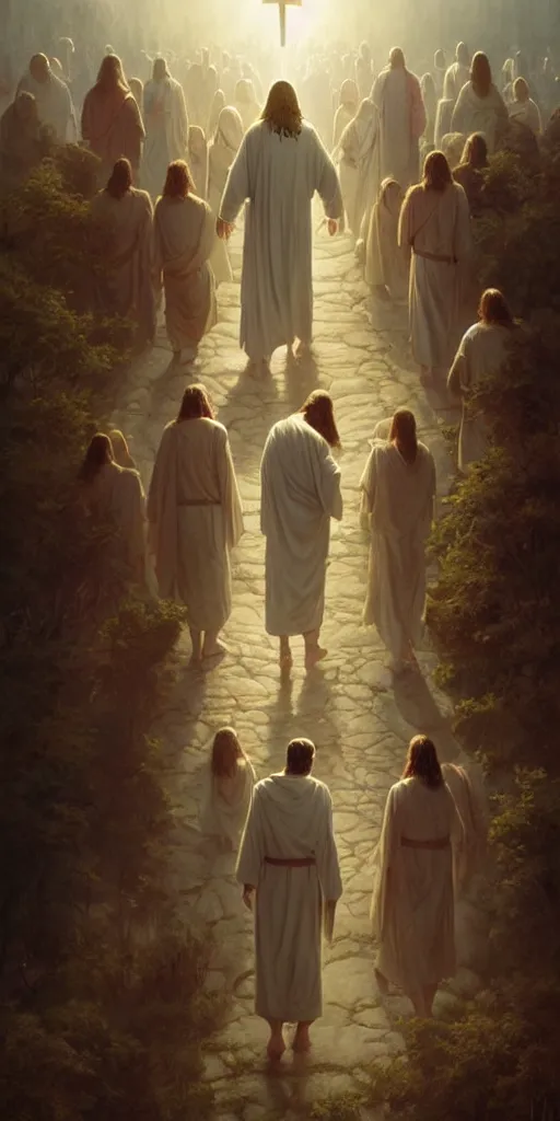 Prompt: jesus christ and the disciples walking, 8 k, denoised, by greg rutkowski, tom bagshaw, james gurney cozy atmospheric and cinematic lightingg