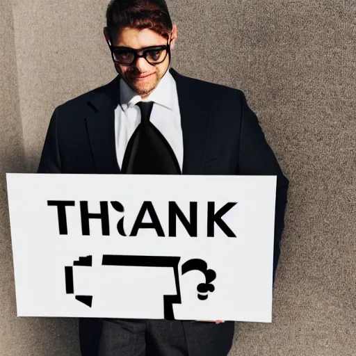 Image similar to a man wearing suite holding sign with text Thank you Stable Diffusion