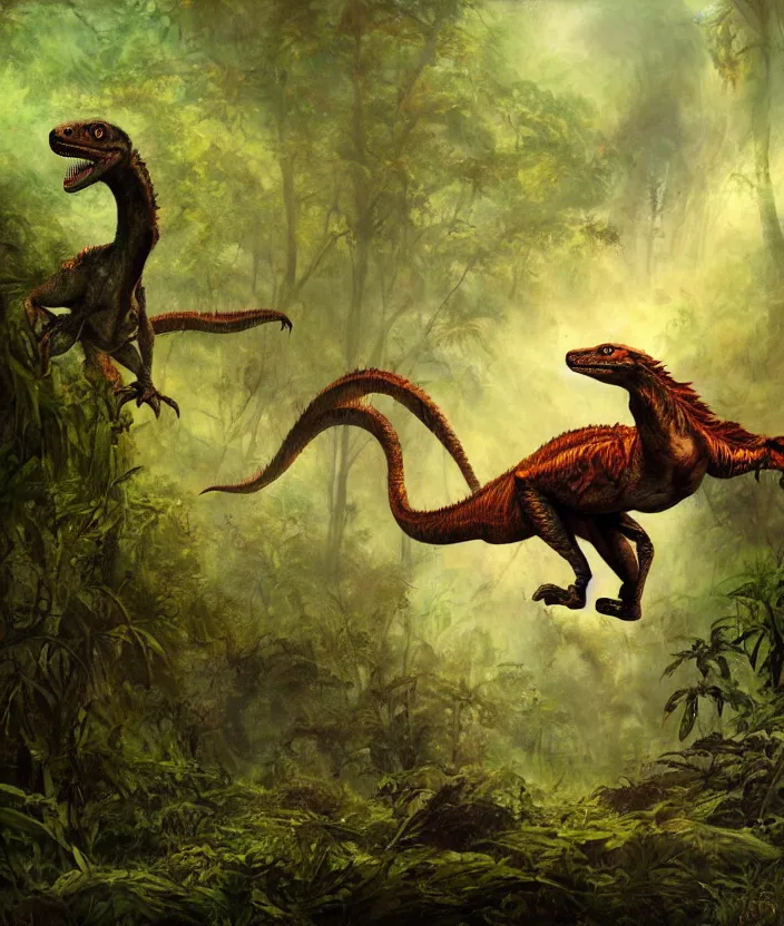 Prompt: velociraptor stalking in the jungle, mysterious, fantasy artwork, godrays, warm colors, by seb mckinnon