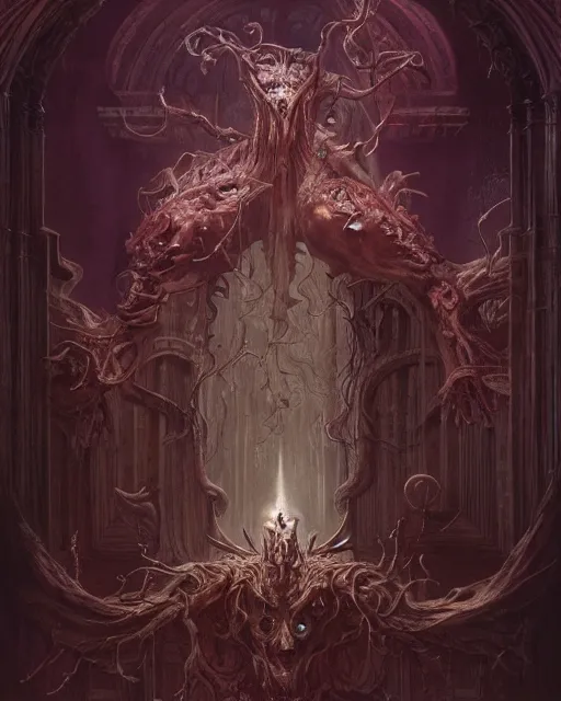 Prompt: detailed front view of a dead rotten daemon growing ornate baroque, ornamentation, elegant, beautifully soft lit, by wayne barlowe, peter mohrbacher, kelly mckernan