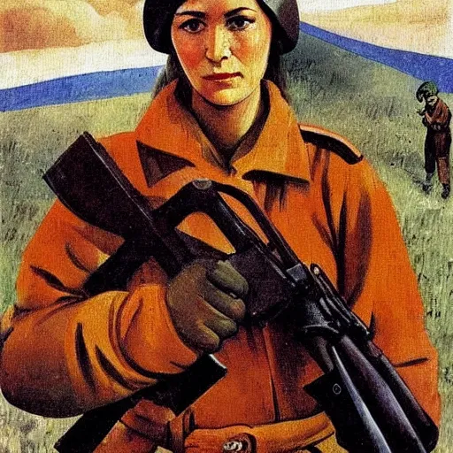 Image similar to soviet painting of female soviet partisan by isaak brodsky, walter womacka, czeslaw znamierowski, vladimir pchelin, kuzma petrov - vodkin, igor berezovsky