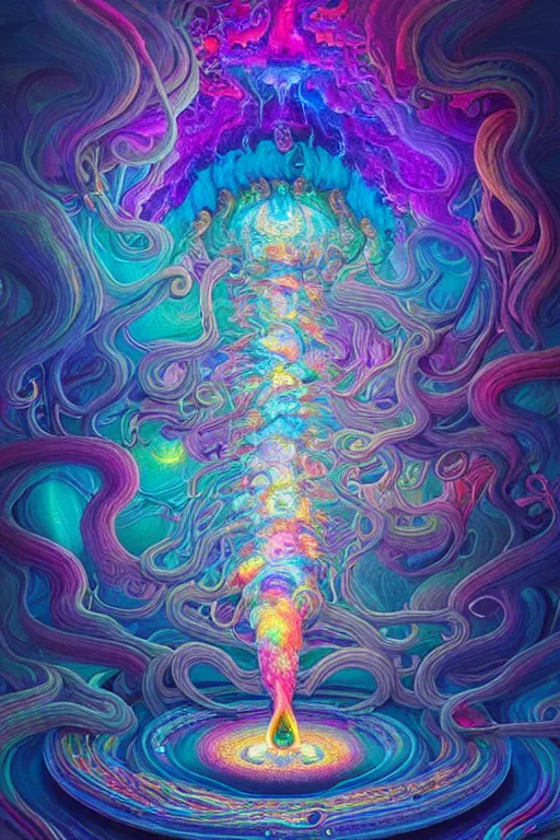 Image similar to spilled colorful liquid smoke and prismatic clouds opening portal to another dimension, dmt, psilocybin, lsd, detailed, intricate, elegant, highly detailed, digital painting, artstation, concept art, smooth, sharp focus, illustration, art by hana yata, and artem demura and beeple, octane render, unreal engine, 8 k