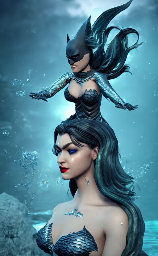 Image similar to batman as a charming mermaid work safe dreamlike with jewelry, character art, hyperdetailed, 8 k realistic, frostbite 3 engine, cryengine, dof, trending on artstation, digital art