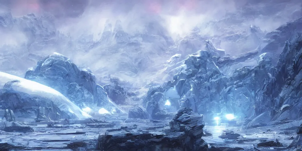 Image similar to an ice planet alien landscape by doug chiang