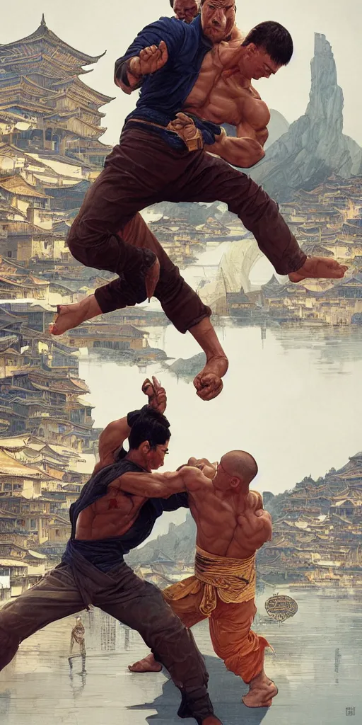 Image similar to a beautiful illustration of a young jean claude van damme, intricate, shaolin fight, arab city, houses, sharp focus, illustration, highly detailed, digital painting, concept art, matte, art by wlop and artgerm and greg rutkowski and alphonse mucha, masterpiece