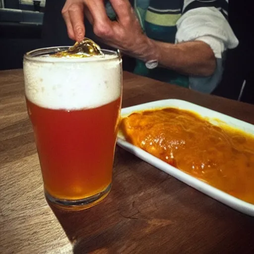 Prompt: “ a hipster topping off his glass of ipa with ketchup and mustard ”