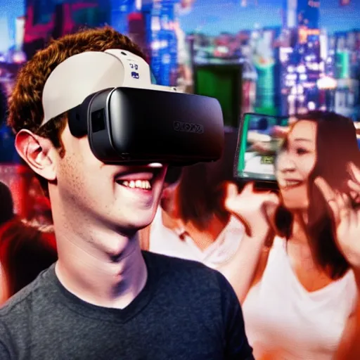 Prompt: anime Mark Zuckerberg smiling dancing with vr headset on while people cheer and cry, in rooftop bar, photo by Mann, detailed, 4k, beautiful