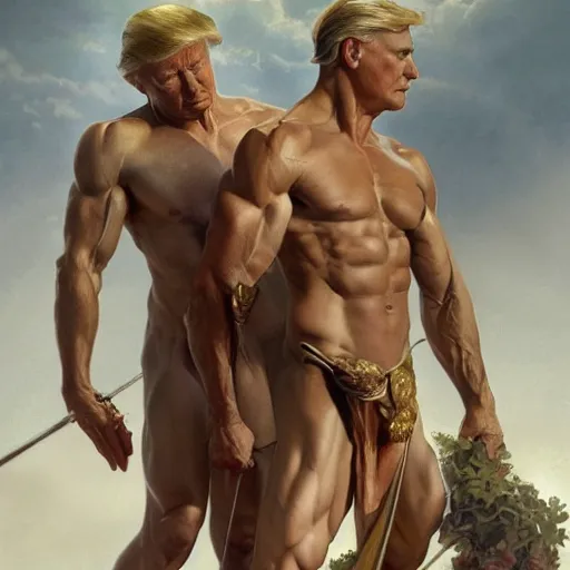 Prompt: President Donald J Trump and vladimir putin making out as a Greek gods, detailed faces, gorgeous, amazing, muscular, fit, very muscular male body, intricate, highly detailed, digital painting, artstation, concept art, sharp focus, illustration, art by greg rutkowski and alphonse mucha