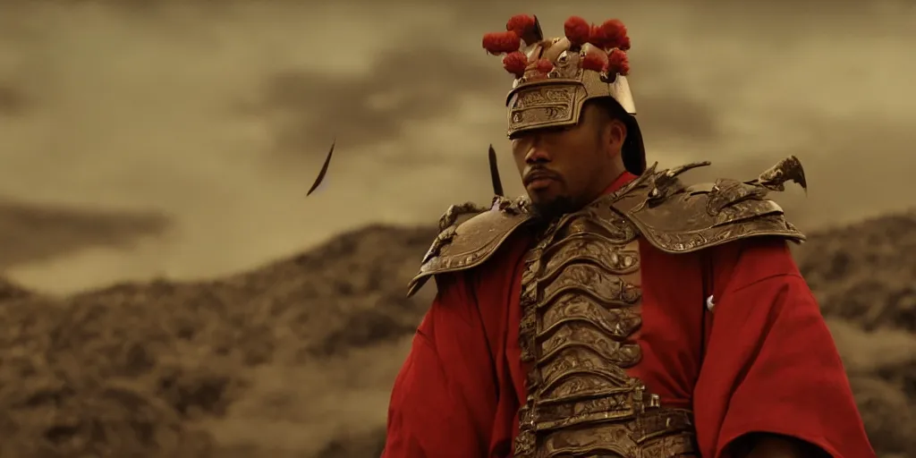 Prompt: a film still of a light skinned black man starring as an ancient samurai in a japanese blockbuster film, the sky is red, shallow depth of field, cinematic, award winning cgi, vfx, film still