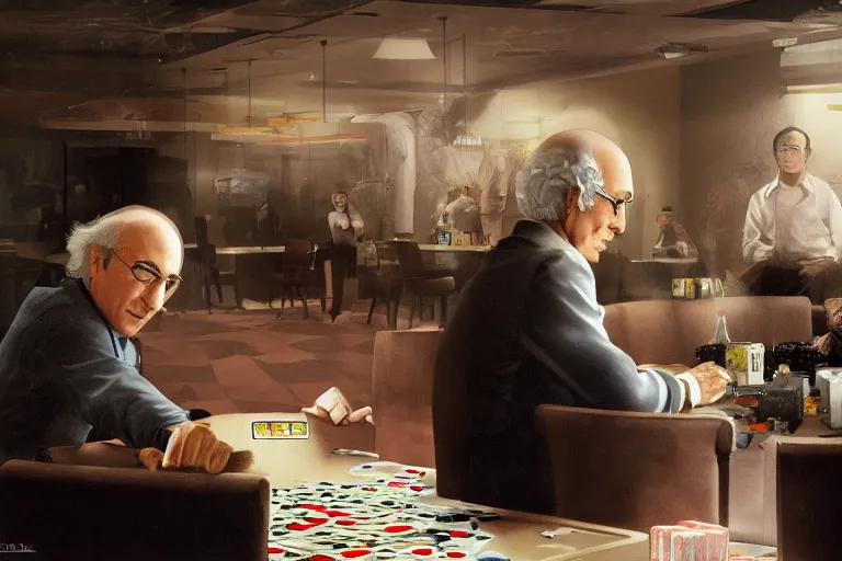 Image similar to larry david playing poker, soft bloom lighting, paper texture, bright sun bleached ground, vending machine, robot lurks in the background, koji morimoto, katsuya terada, genius party, dynamic scene