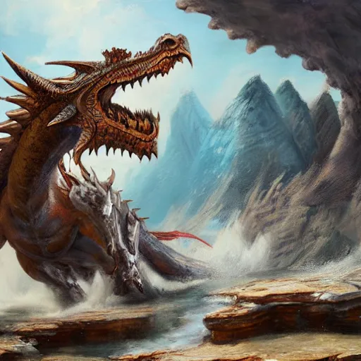 Image similar to highly detailed oil painting of a western dragon emerging from a hotspring, fantasy, featured on artstation