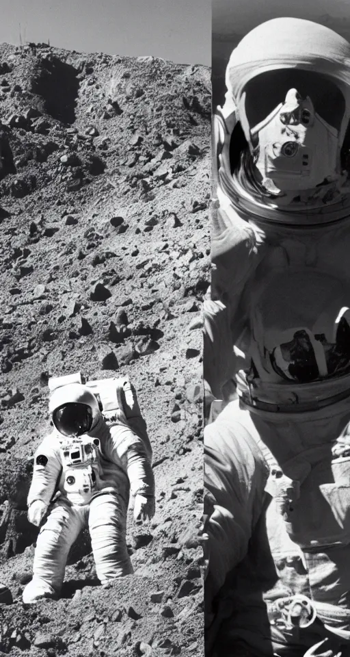 Prompt: astronaut taking a selfie with Jesus Christ at Golgotha, mountain of skulls in background, realistic old photo, coal dust, lumierre