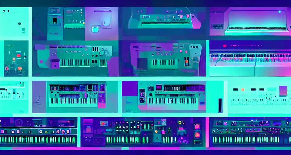 Prompt: a design layout of amazing futuristic synthesizers, cinematic lighting, detailed, beautiful colors, by greg rutowski and studio ghibli