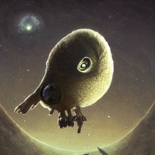 Image similar to An Alien Owl is sitting on an asteroid with a large magical Wormhole as the background, psychedelic art, cosmic, artstation, sci-fi fantasy, concept art, smooth, sharp focus, illustration, art by greg rutkowski and orientalism and bouguereau and Zdzislaw Beksinski, good clear quality, lighting, biology, symmetrical artwork, perfect face, 135 mm, cinematic, hyper realism, high detail, octane render, 8k, chrome accents