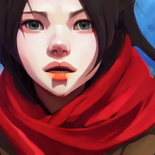 Image similar to Goblin Female portrait, Red Scarf, hatched ear, golden earring, white background, by makoto shinkai, Riot Games, highly detailed, digital illustration, concept art, trending on artstation