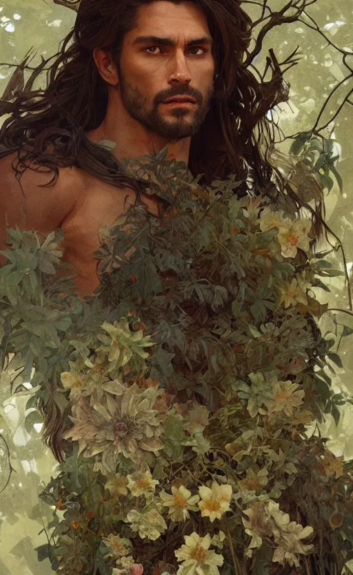 Image similar to god of the forest, 3 0 years old, rugged handsome, male, gorgeous, detailed face, clean lines, cinematic light, amazing, full body, flowers, muscular, intricate, highly detailed, digital painting, artstation, concept art, sharp focus, illustration, art by greg rutkowski and alphonse mucha