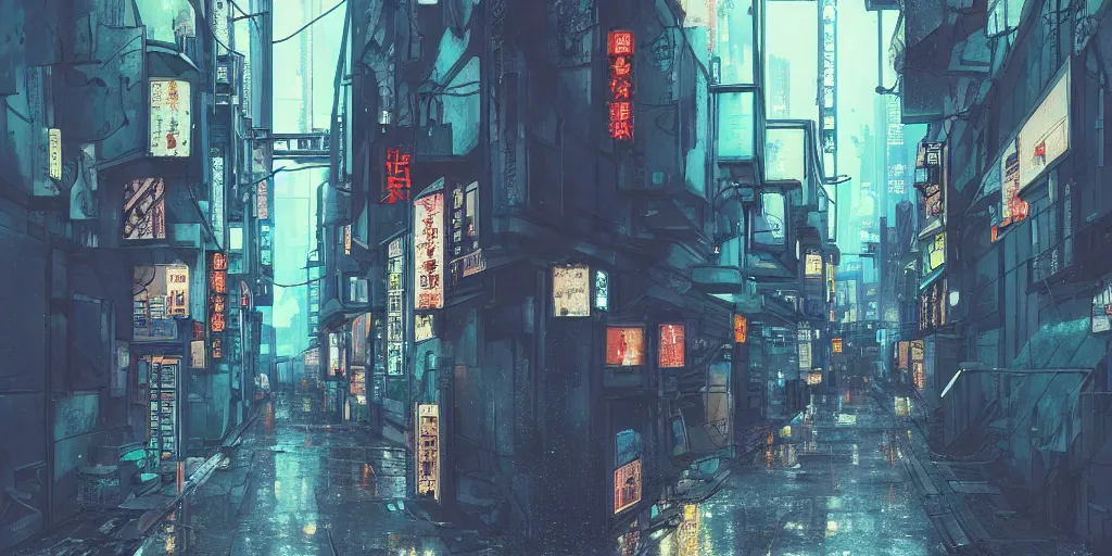 Image similar to Cyberpunk back alley on a rainy day in Japan, low angle view, detailed matte painting, cinematic, Moebius, Artstation