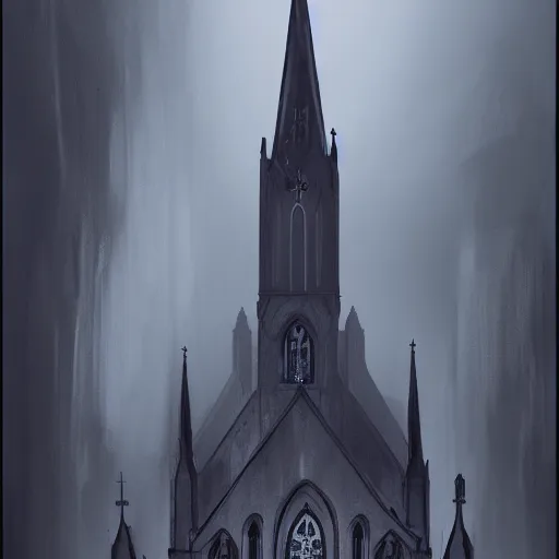 Image similar to victorian church in the middle of the city, dark, misty, at night, 8 k, detailed, concept art, trending on artstation