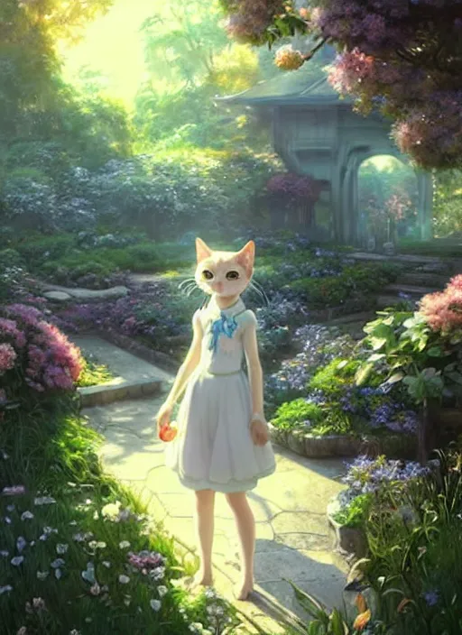 Prompt: portrait of a cute cat in an enchanted garden, digital illustration, by makoto shinkai and ruan jia