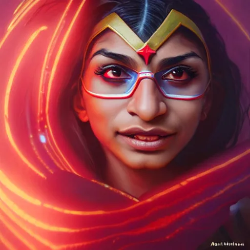 Prompt: mia khalifa as darna, wax figure, glowing eyes, volumetric lights, red and cyan theme, art nouveau botanicals, intricate, highly detailed, digital painting, artstation, concept art, smooth, sharp focus, cinematic, illustration, beautiful face, art by artgerm and greg rutkowski and alphonse mucha