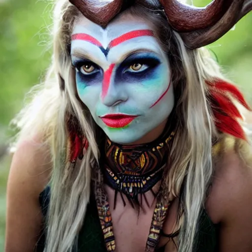 Prompt: tiefling druid with deer antlers growing out of their head blonde hair and large tribal jewelry and face paint