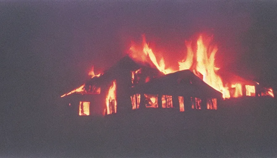 Image similar to 1 9 7 0 s movie still of a heavy burning house on a mountain with pine forest, cinestill 8 0 0 t 3 5 mm, high quality, heavy grain, high detail, texture, dramatic light, ultra wide lens, panoramic anamorphic, hyperrealistic