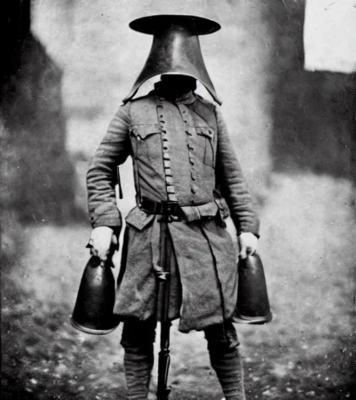 Prompt: person wearing executioner mask, ww1 photo, grainy, high detail, high resolution, tehnicolor